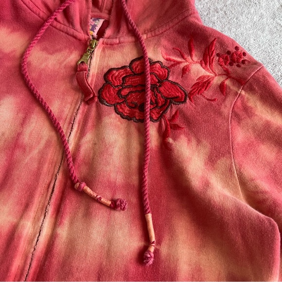 Free People Boho Floral Embroidered Tie Dye Distressed Zip-Up Hoodie Sweatshirt - Picture 13 of 17